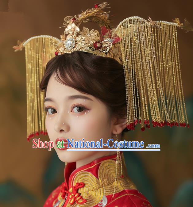 Chinese Ancient Palace Bride Golden Phoenix Coronet Tassel Hairpins Traditional Wedding Hair Accessories for Women