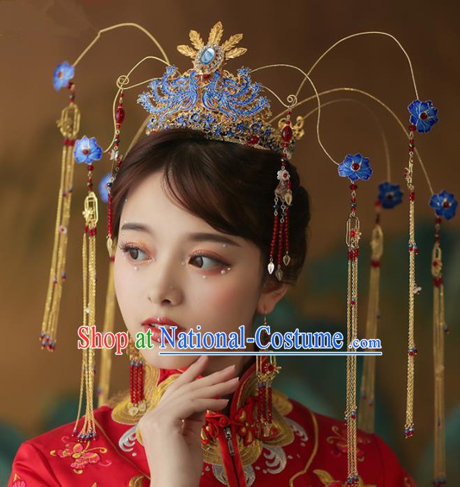 Chinese Ancient Palace Blueing Peony Phoenix Coronet Tassel Hairpins Traditional Wedding Hair Accessories for Women