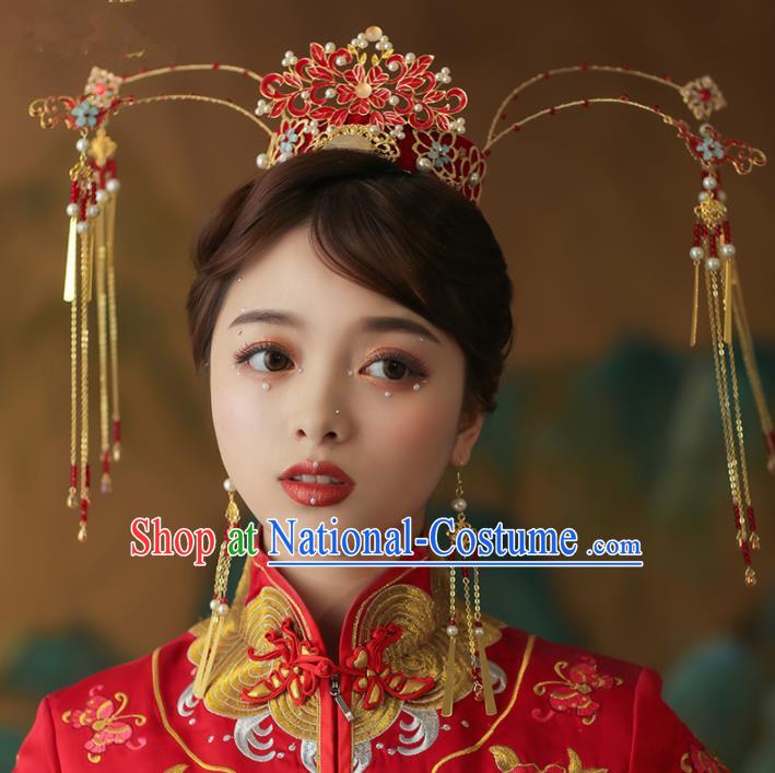 Chinese Traditional Palace Enamel Red Phoenix Coronet Tassel Hairpins Ancient Wedding Hair Accessories for Women