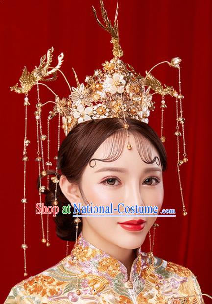 Chinese Traditional Palace Golden Tassel Phoenix Coronet Hairpins Ancient Wedding Hair Accessories for Women