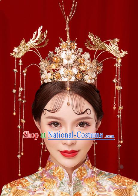 Chinese Traditional Palace Golden Tassel Phoenix Coronet Hairpins Ancient Wedding Hair Accessories for Women