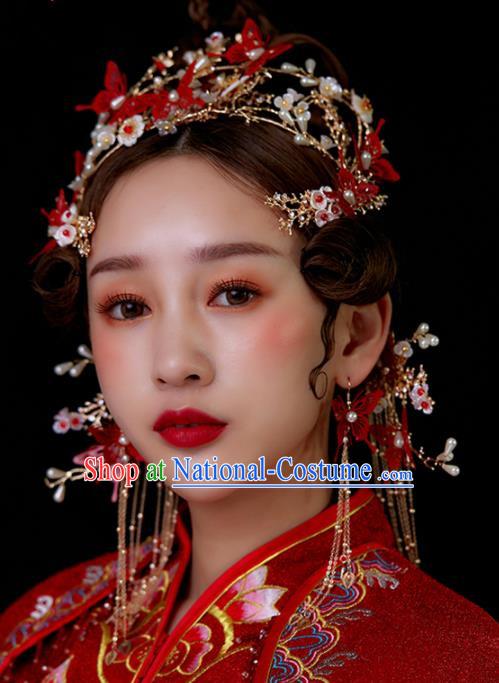 Chinese Traditional Palace Red Butterfly Tassel Phoenix Coronet Hairpins Ancient Wedding Hair Accessories for Women