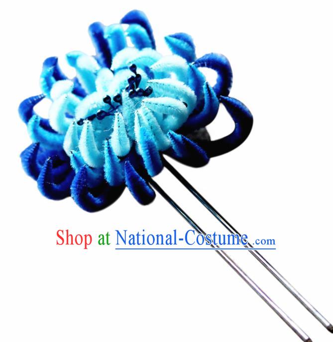 Chinese Traditional Palace Blue Velvet Flower Hairpins Ancient Wedding Hair Accessories for Women