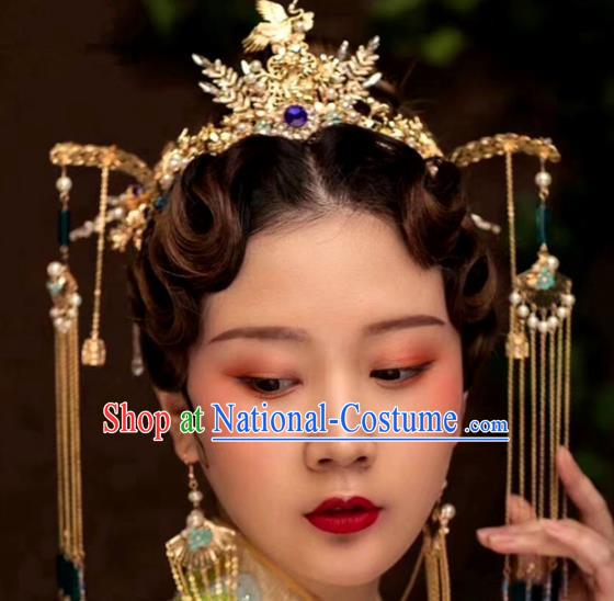 Chinese Traditional Palace Cranes Tassel Phoenix Coronet Hairpins Ancient Wedding Hair Accessories for Women