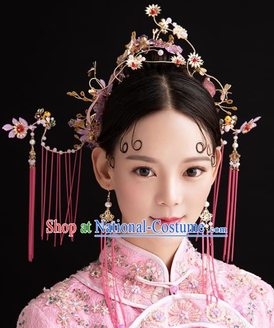 Chinese Ancient Palace Queen Purple Flowers Phoenix Coronet Hairpins Traditional Hair Accessories Headdress for Women