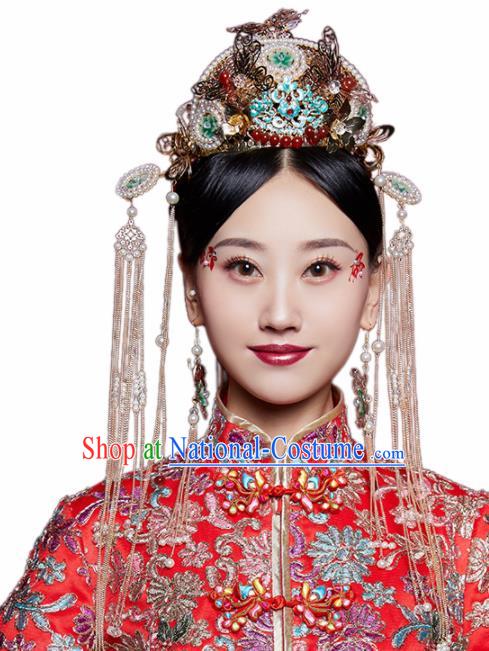 Chinese Ancient Palace Queen Cloisonne Phoenix Coronet Hairpins Traditional Hair Accessories Headdress for Women