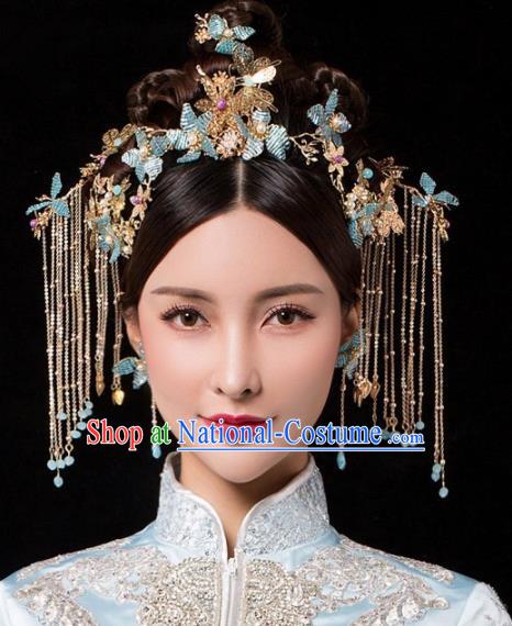 Chinese Ancient Palace Queen Blue Beads Phoenix Coronet Hairpins Traditional Hair Accessories Headdress for Women