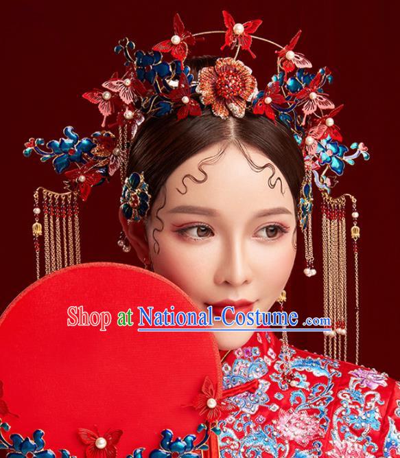 Chinese Traditional Palace Phoenix Coronet Hairpins Ancient Wedding Red Butterfly Hair Accessories for Women