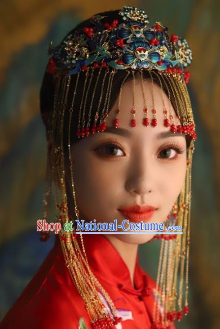 Chinese Ancient Palace Phoenix Coronet Blueing Lotus Hairpins Traditional Hair Accessories Headdress for Women