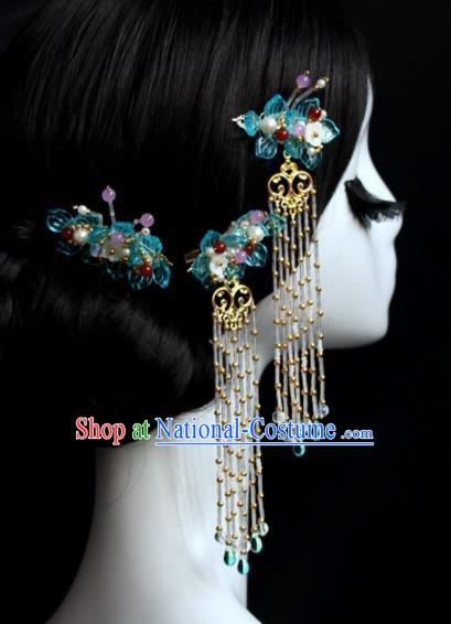 Chinese Ancient Palace Blue Flowers Hair Sticks Hairpins Traditional Hair Accessories Headdress for Women