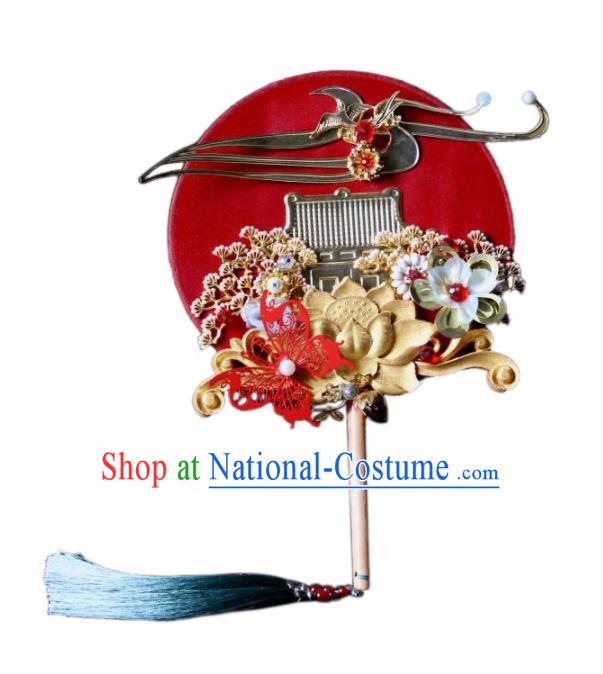 Chinese Handmade Classical Red Palace Fans Wedding Bride Accessories Round Fan for Women