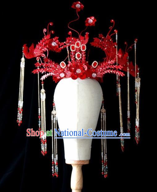 Chinese Ancient Palace Red Phoenix Coronet Hairpins Traditional Hair Accessories Headdress for Women