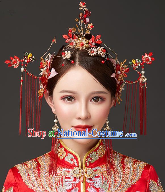 Chinese Traditional Palace Red Flowers Phoenix Coronet Hairpins Ancient Wedding Tassel Hair Accessories for Women