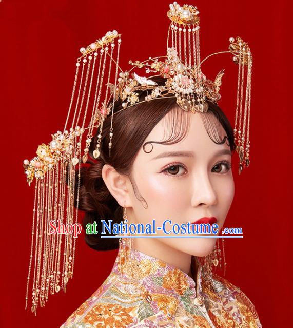 Chinese Traditional Palace Bride Hairpins Ancient Wedding Tassel Phoenix Coronet Hair Accessories for Women