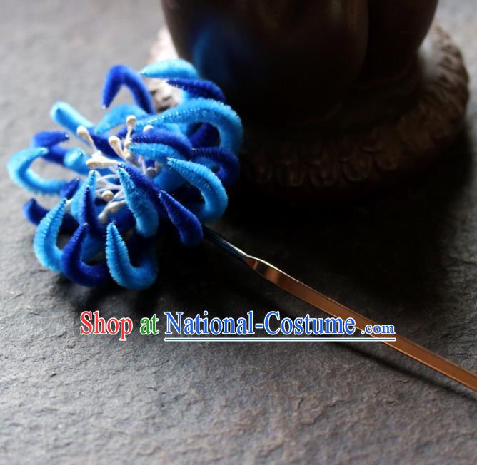 Chinese Ancient Queen Blue Velvet Chrysanthemum Hairpins Traditional Palace Hair Accessories Headdress for Women