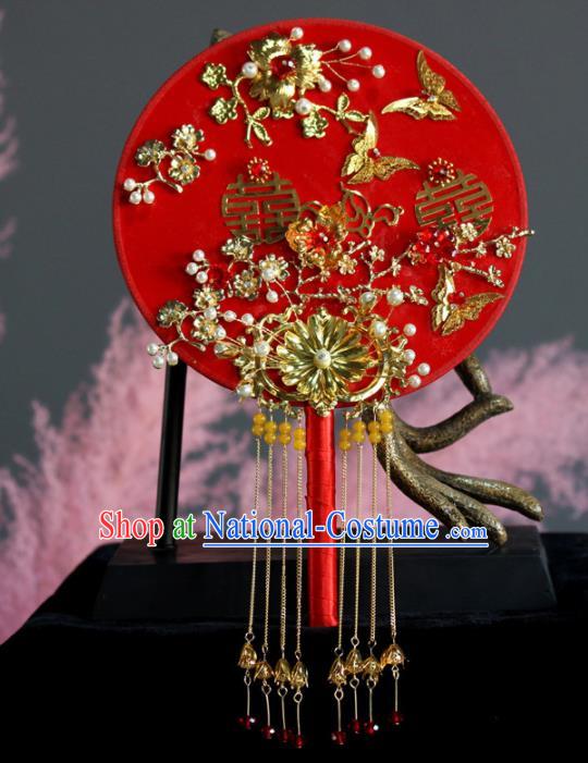 Chinese Handmade Bride Classical Red Palace Fans Wedding Accessories Round Fan for Women