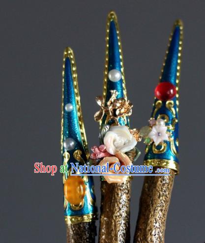 Chinese Handmade Enamel Blue Nail Wrap Traditional Ancient Palace Lady Fingerstalls for Women