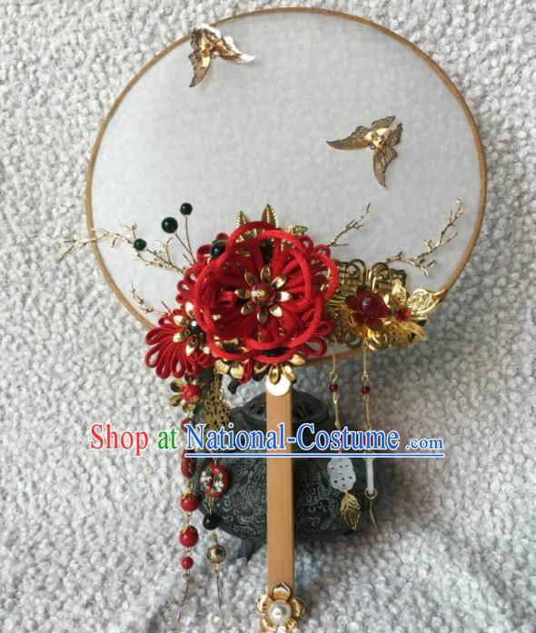 Chinese Handmade Bride Classical Red Velvet Flower Palace Fans Wedding Accessories Round Fan for Women