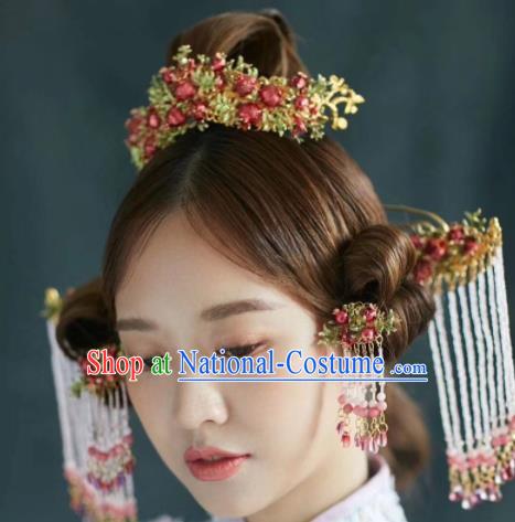 Chinese Ancient Bride Pomegranate Phoenix Coronet Hairpins Traditional Hair Accessories Headdress for Women