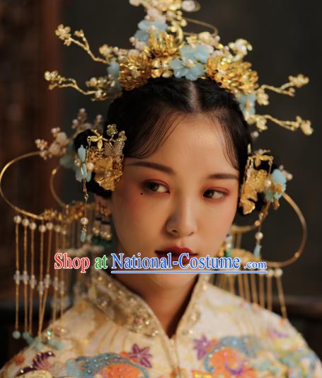 Chinese Ancient Bride Hairpins Blue Flowers Phoenix Coronet Traditional Hair Accessories Headdress for Women