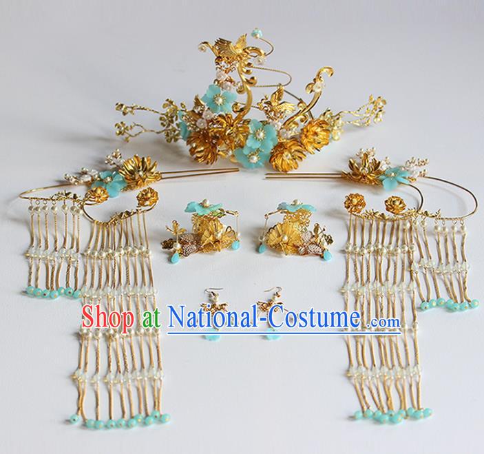 Chinese Ancient Bride Hairpins Blue Flowers Phoenix Coronet Traditional Hair Accessories Headdress for Women