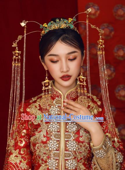 Chinese Ancient Bride Hairpins Blueing Phoenix Coronet Traditional Hair Accessories Headdress for Women