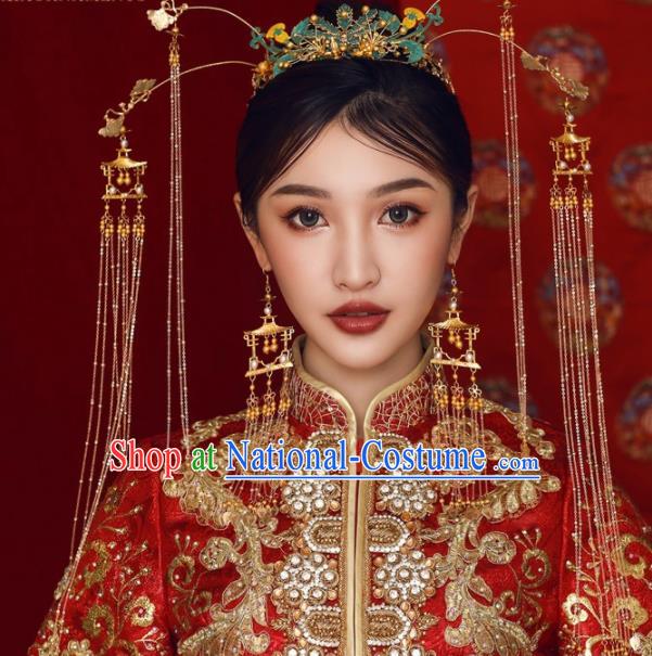 Chinese Ancient Bride Hairpins Blueing Phoenix Coronet Traditional Hair Accessories Headdress for Women