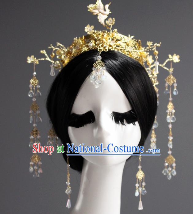 Chinese Ancient Queen Golden Phoenix Coronet Hairpins Traditional Palace Hair Accessories Headdress for Women