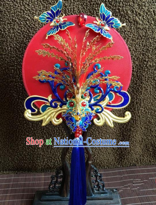 Chinese Handmade Bride Classical Cloisonne Red Palace Fans Wedding Accessories Round Fan for Women