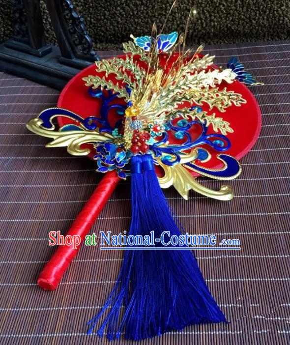 Chinese Handmade Bride Classical Cloisonne Red Palace Fans Wedding Accessories Round Fan for Women