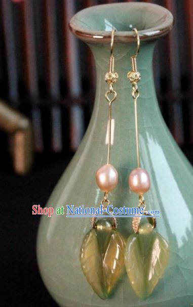 Chinese Handmade Leaf Pearl Earrings Traditional Ancient Palace Ear Accessories for Women