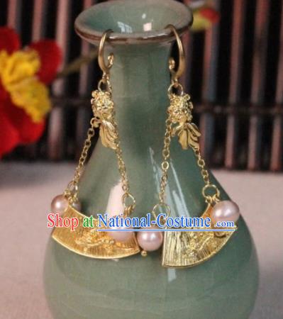 Chinese Handmade Hanfu Golden Earrings Traditional Ancient Palace Ear Accessories for Women