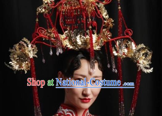 Top Grade Chinese Ancient Queen Hairpins Red Beads Tassel Phoenix Coronet Traditional Hair Accessories Headdress for Women