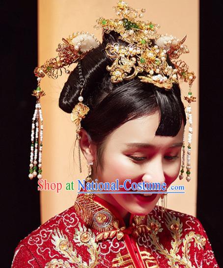 Top Grade Chinese Ancient Bride Hairpins Jade Phoenix Coronet Traditional Hair Accessories Headdress for Women