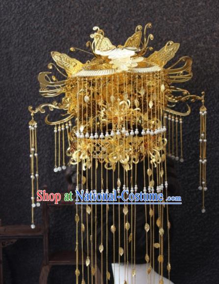 Top Grade Chinese Ancient Bride Hairpins Golden Tassel Phoenix Coronet Traditional Hair Accessories Headdress for Women