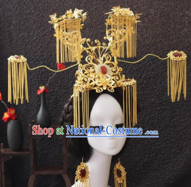 Top Grade Chinese Ancient Bride Golden Tassel Jade Phoenix Coronet Traditional Hair Accessories Headdress for Women