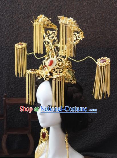 Top Grade Chinese Ancient Bride Golden Tassel Jade Phoenix Coronet Traditional Hair Accessories Headdress for Women