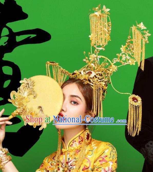 Top Grade Chinese Ancient Bride Golden Tassel Jade Phoenix Coronet Traditional Hair Accessories Headdress for Women