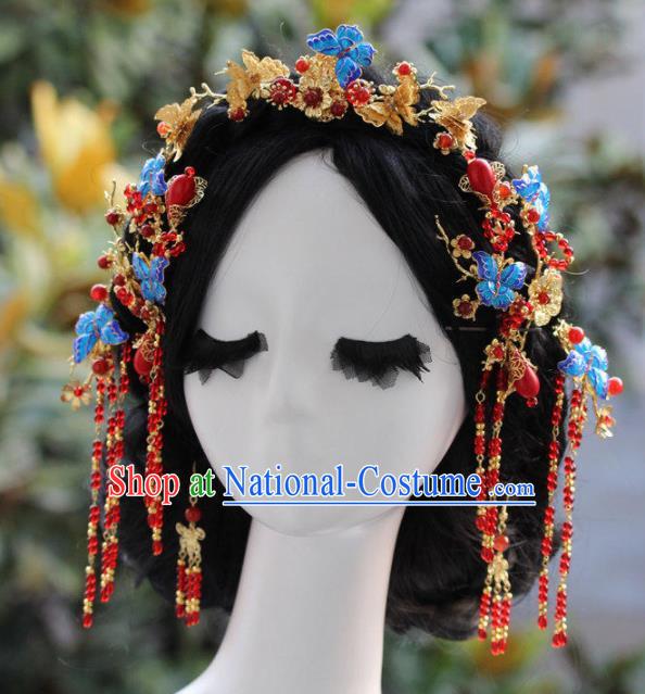 Top Grade Chinese Ancient Bride Wedding Blueing Butterfly Hair Comb Hairpins Traditional Hair Accessories Headdress for Women