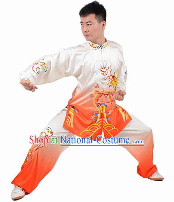 Chinese Traditional Tang Suit Embroidered Dragon Orange Costume Martial Arts Tai Ji Competition Clothing for Men