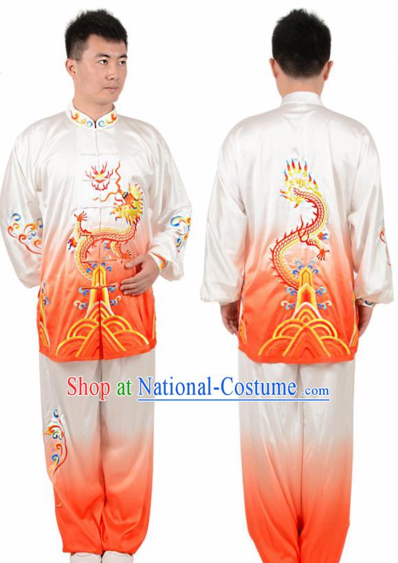 Chinese Traditional Tang Suit Embroidered Dragon Orange Costume Martial Arts Tai Ji Competition Clothing for Men