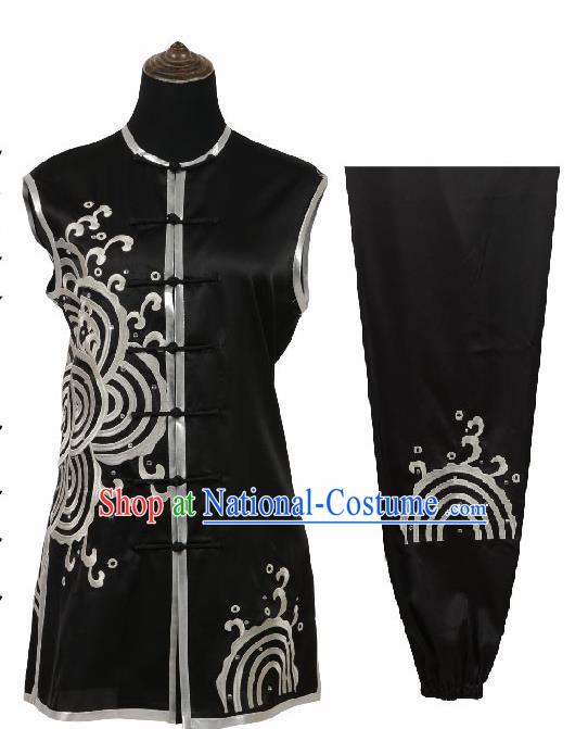 Chinese Traditional Tang Suit Embroidered Black Costume Martial Arts Tai Ji Competition Clothing for Men