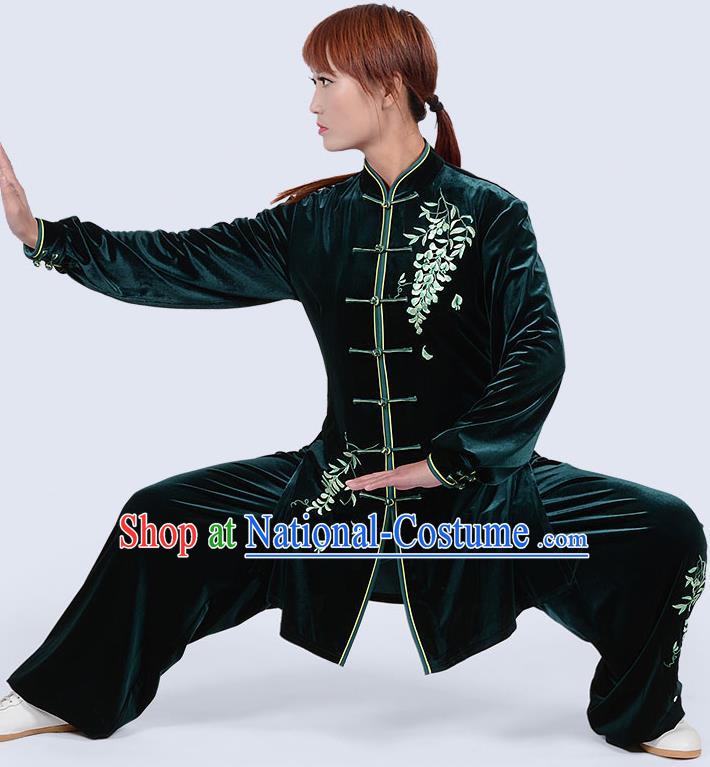 Chinese Traditional Kung Fu Embroidered Green Pleuche Costume Martial Arts Tai Ji Competition Clothing for Women