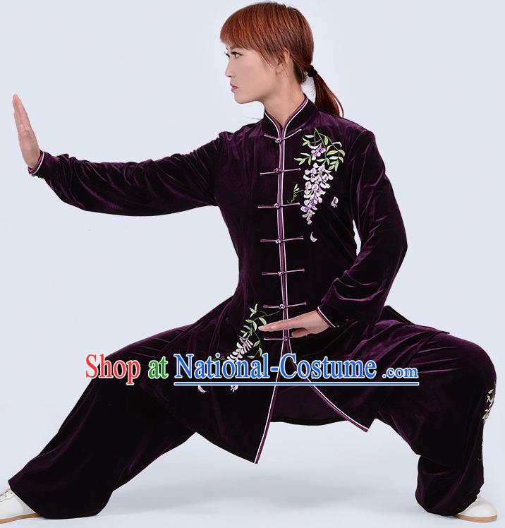 Chinese Traditional Kung Fu Embroidered Purple Pleuche Costume Martial Arts Tai Ji Competition Clothing for Women