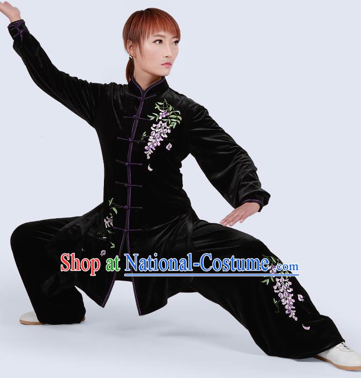 Chinese Traditional Kung Fu Embroidered Black Pleuche Costume Martial Arts Tai Ji Competition Clothing for Women