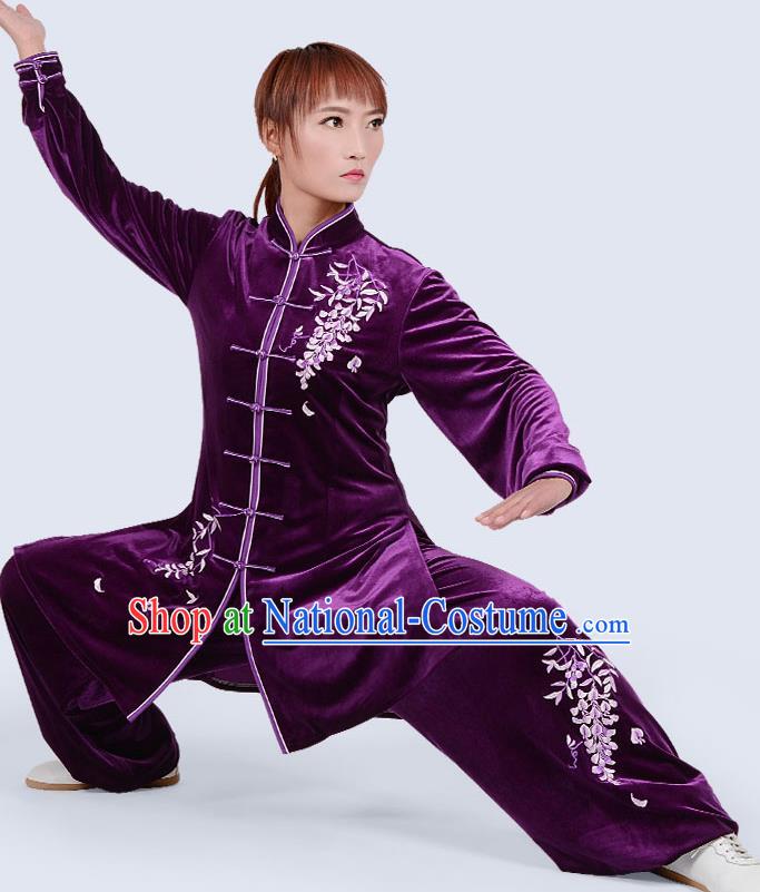 Chinese Traditional Kung Fu Embroidered Deep Purple Pleuche Costume Martial Arts Tai Ji Competition Clothing for Women