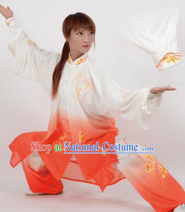 Chinese Traditional Kung Fu Printing Orchid Red Costume Martial Arts Tai Ji Competition Clothing for Women