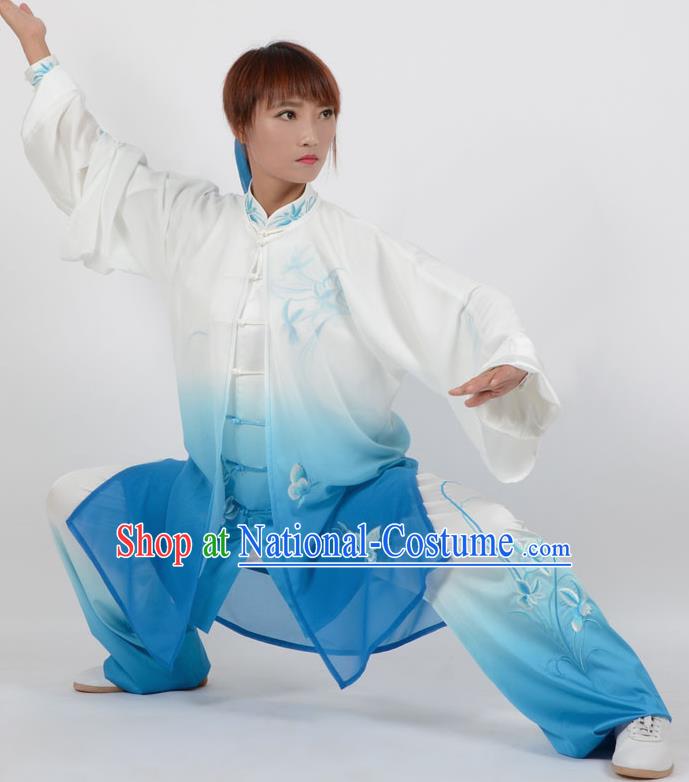 Chinese Traditional Kung Fu Printing Orchid Blue Costume Martial Arts Tai Ji Competition Clothing for Women