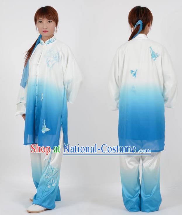 Chinese Traditional Kung Fu Printing Orchid Blue Costume Martial Arts Tai Ji Competition Clothing for Women