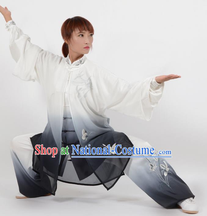 Chinese Traditional Kung Fu Embroidered Orchid Black Costume Martial Arts Tai Ji Competition Clothing for Women